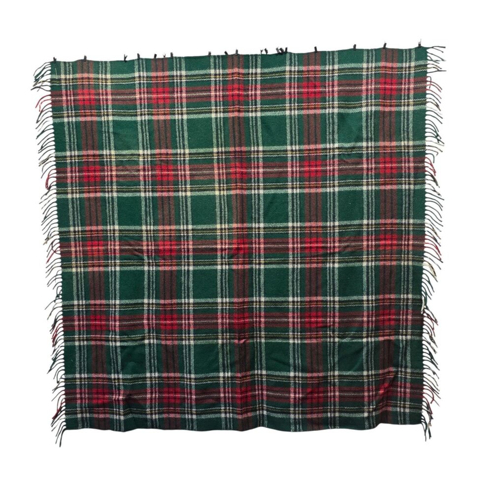 Vintage Troy Mills Plaid Wool Blend Throw Blanket 50x50 USA Made‎ Fringe Tartan